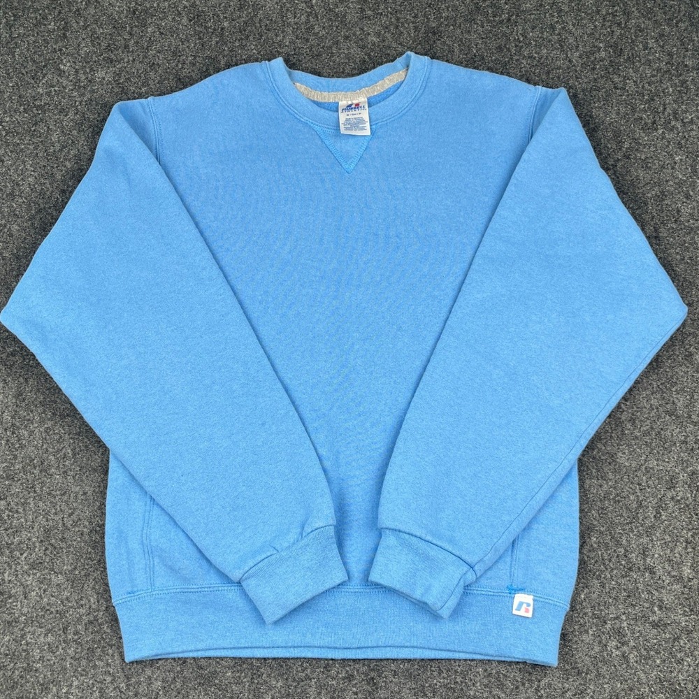 Y2K Russell Athletic Crewneck Sweatshirt Mens Small Sky Blue V-Notch Fleece